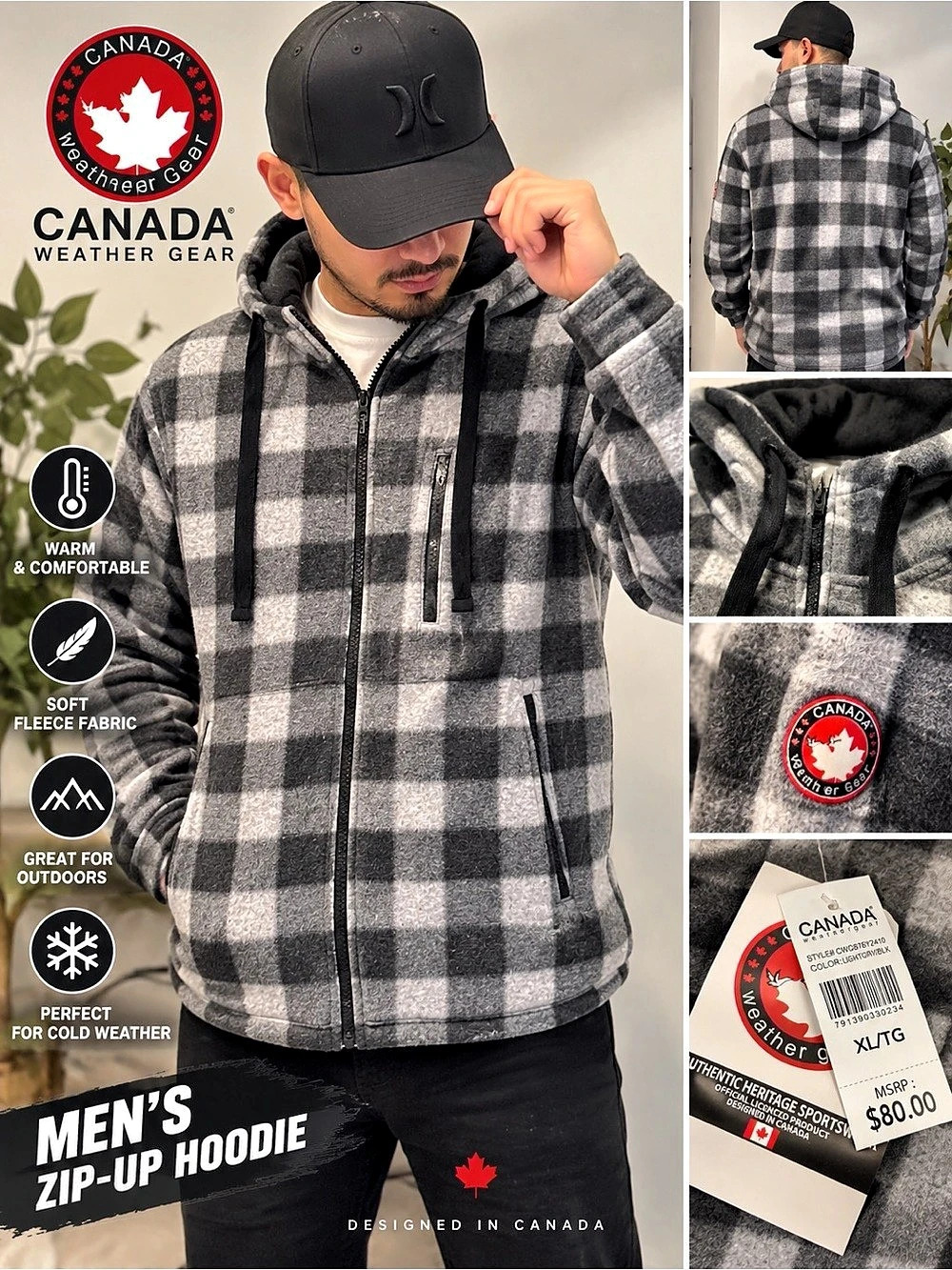 Canada Weather Gear Men's Plaid Fleece Full Zip Hoodie XL